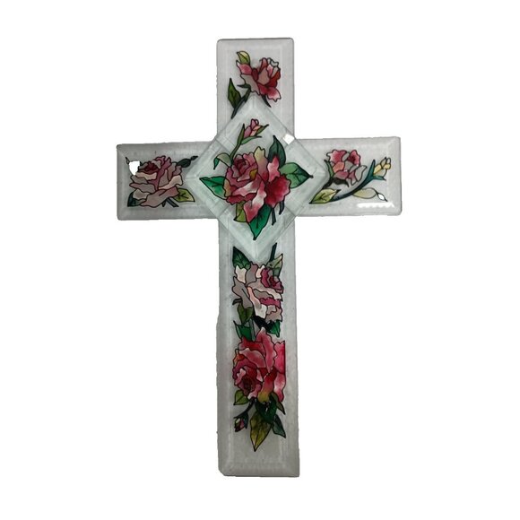 Vintage Hand Painted Floral Glass Suncatcher Cross Window Art Amia Studio New - Picture 1 of 10